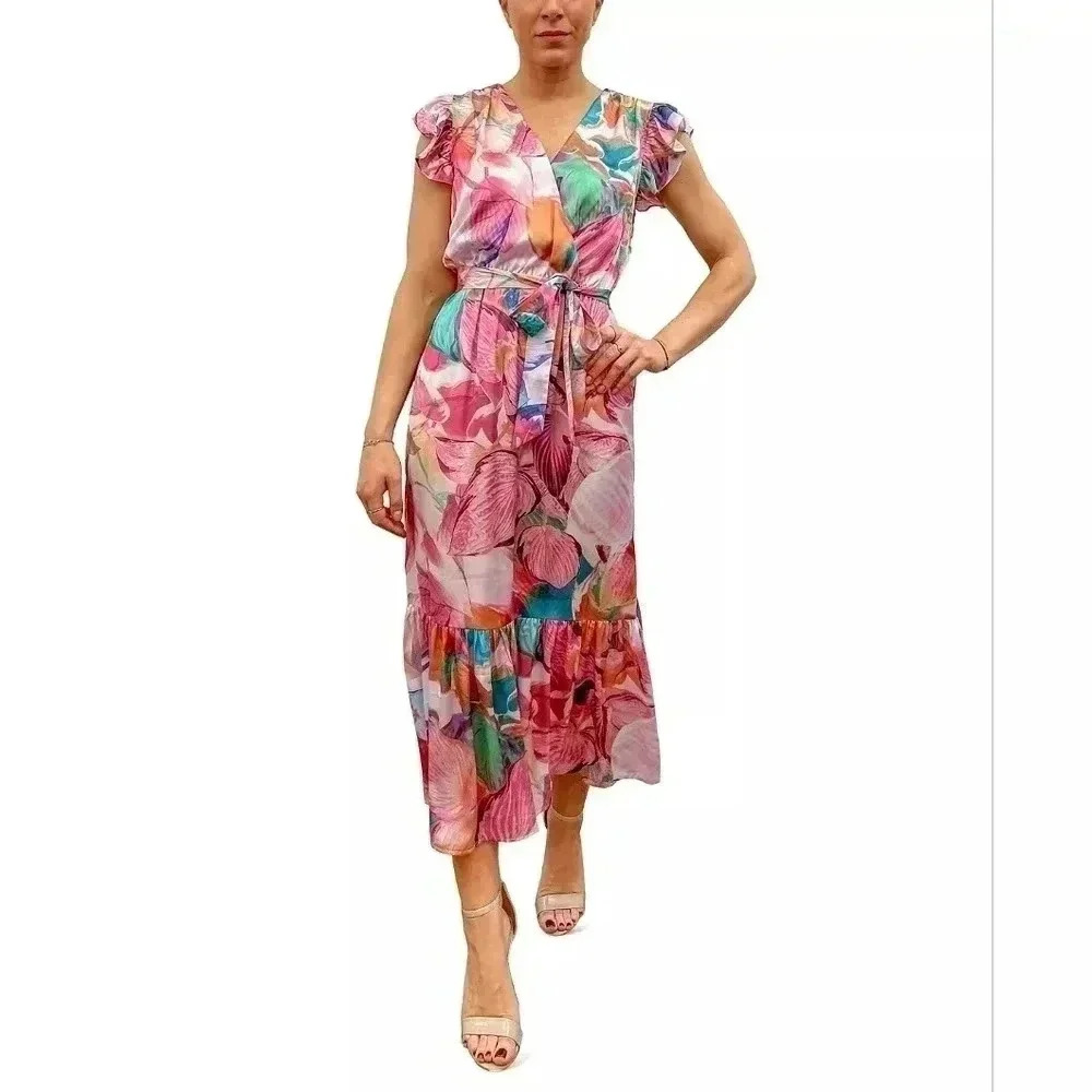 Sam Edelman Flora Printed Tie-Waist Faux-Wrap Flutter Sleeve Tiered Dress 14 NWT